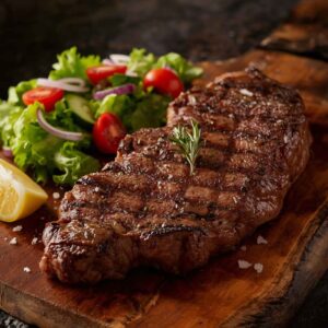 A grilled Argentinian sirloin steak served with fresh salad, showing juicy meat with grill marks, presented as a premium fine dining dish.