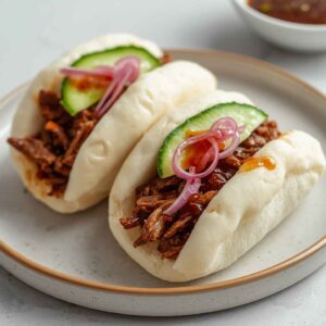 Two steamed bao buns filled with tender pulled beef, topped with pickled onions and sauce, served as a soft Asian-style appetizer.
