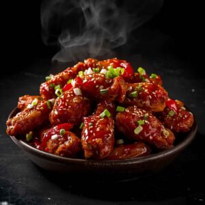 A serving of chicken wings coated in spicy dynamite sauce, garnished with spring onions and chilies, presented as a hot and fiery appetizer.