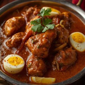 A bowl of medium-spiced Bombay chicken cooked with onions, peppers, garlic, and topped with boiled egg slices, served as a rich Indian-style curry dish.