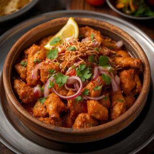 A bowl of spicy and tangy chicken chaat topped with onions, coriander, and sev, served as a flavorful Indian-style starter.