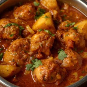 A bowl of chicken tikka and potatoes cooked in a spiced garlic, onion, and tomato masala, presented as a rich Indian-style curry dish.