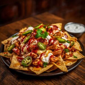 A plate of crispy nachos topped with chicken tikka, melted cheese, jalapeños, and chipotle sauce, served as a sharing appetizer for two in a fusion Indian-Mexican style presentation.