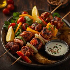 Chargrilled chicken or lamb shashlik skewers with peppers, onions, and tomatoes, served with salad and dip in a smoky BBQ style presentation.