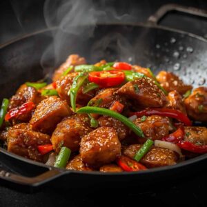 A plate of chilli chicken stir-fried with smoked garlic, chilies, onions, and peppers, served as a bold Pan-Asian wok-style dish.