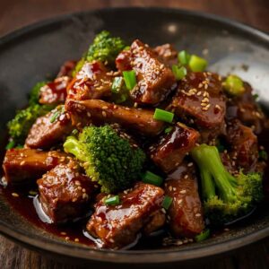 A plate of tender beef and broccoli stir-fried in savory soy sauce, served as a classic Asian-style wok dish.