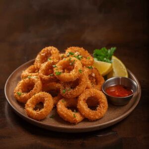 A plate of golden fried calamari served with sweet chili seasoning, lemon wedges, and dipping sauce, presented as a crispy seafood appetizer.