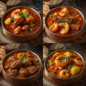 A selection of Indian classic curries including chicken, lamb, prawns, and vegetable curry, served with rich spiced gravy and traditional garnishes.