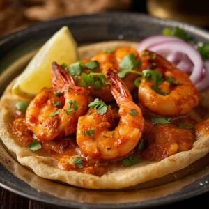 Spiced king prawns served on crispy fried puri bread, garnished with coriander and onions, presented as a traditional Indian appetizer.