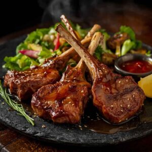 Grilled lamb chops glazed with Cantonese chili garlic sauce, served with salad and garnish, presented as a premium fine dining dish.