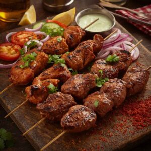 A platter of chicken tikka, lamb tikka, and seekh kebabs served with fresh salad and mint dip, presented as a traditional mixed kebab starter.