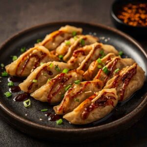 Pan-fried chicken and vegetable gyoza dumplings served with spicy chili dipping sauce, garnished with sesame seeds and spring onions.