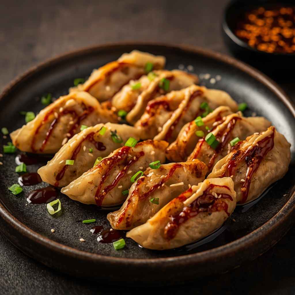 Pan-fried chicken and vegetable gyoza dumplings served with spicy chili dipping sauce, garnished with sesame seeds and spring onions.