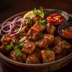 Grilled marinated chicken cubes served with Eva special sauce and chili sauce, garnished with onions and lemon, presented as a flavorful starter.