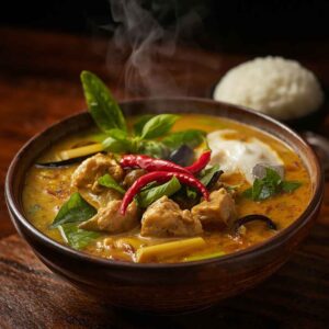 A bowl of Thai green chicken curry with coconut milk, bamboo shoots, and basil, served with steamed rice in an authentic Thai-style presentation.