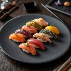 Fresh 8 Piece Nigiri Sushi Platter with salmon, tuna, prawn, seabass, eel, yellowtail, octopus and tamago, served with wasabi, pickled ginger and soy sauce.