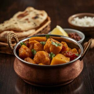 Traditional Indian Aloo Gobi made with spiced potatoes and cauliflower, garnished with fresh coriander and served in a rustic bowl.