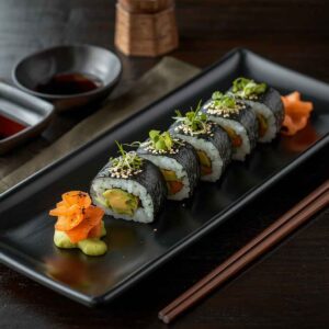 Fresh Avocado Hosomaki sushi rolls with creamy avocado, wrapped in sushi rice and nori, served with wasabi, pickled ginger and soy sauce.