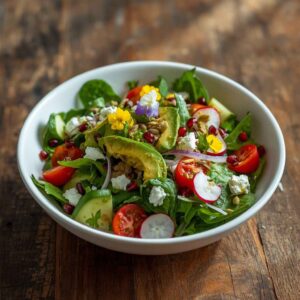 Fresh avocado salad with mixed greens, cherry tomatoes, cucumber, red onion, pomegranate seeds, feta cheese and lemon dressing, beautifully presented in a white bowl.