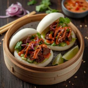 Two steamed beef bao buns filled with tender beef, fresh vegetables and spicy mayo, served with lime and dipping sauce.
