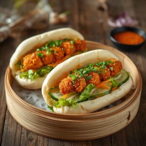 Fluffy steamed chicken bao buns filled with crispy fried chicken, fresh vegetables and spicy mayo, served in a bamboo steamer.