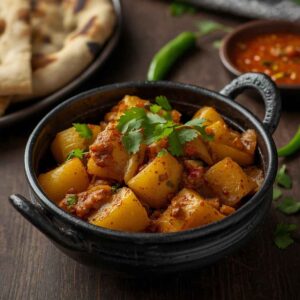 Authentic Bombay Aloo made with spiced baby potatoes, fresh coriander and traditional Indian herbs, served in a rustic bowl.