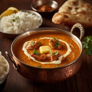 Creamy Butter Chicken curry with tender grilled chicken pieces, garnished with fresh cream and coriander, served with basmati rice and garlic naan.