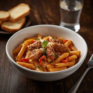Creamy Cajun Chicken Pasta with grilled chicken, penne pasta, peppers, Parmesan cheese, and fresh herbs served in a restaurant-style bowl.