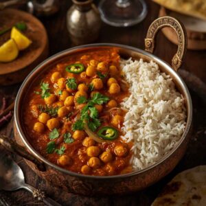 Traditional Indian Chana Masala with chickpeas in a rich spiced tomato curry, served with basmati rice, naan bread, and fresh coriander.
