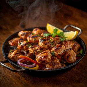 Charcoal grilled chicken tikka starter served with grilled onions, peppers, lemon wedges and mint chutney.
