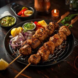 Charcoal-grilled lamb tikka starter served with grilled vegetables, fresh salad, lemon wedges, and mint chutney.