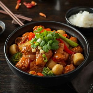 Chef’s Special Chicken with tender chicken, onions, peppers and mixed vegetables in a savoury sauce, served with steamed jasmine rice.