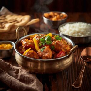 Traditional Chicken Balti with tender chicken, tomatoes, peppers and aromatic spices, served in a classic balti bowl with basmati rice and naan bread.