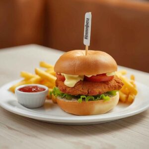 Kids Chicken Burger with crispy chicken fillet, fresh lettuce, tomato, creamy mayonnaise and golden fries served with ketchup.