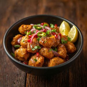 Spicy and tangy Chicken Chaat made with tender chicken in homemade chaat sauce, garnished with fresh coriander, onions, chillies, and lemon.